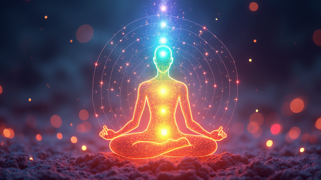 Colorful chakra representation with radiating musical waves