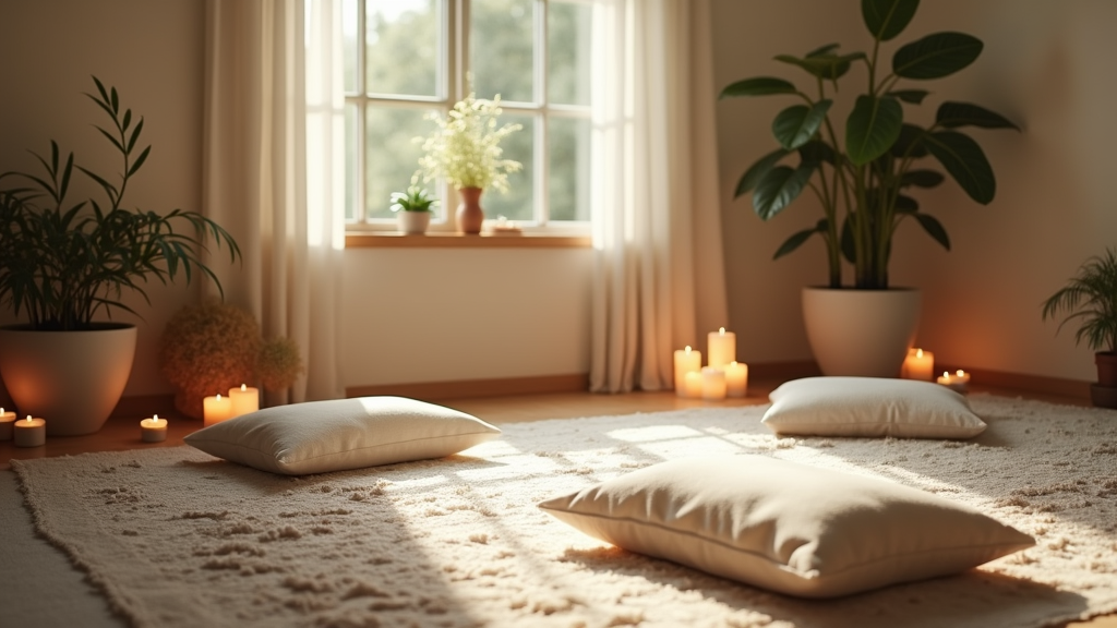 cozy meditation corner with soft cushions, candles, natural light, and simple decor